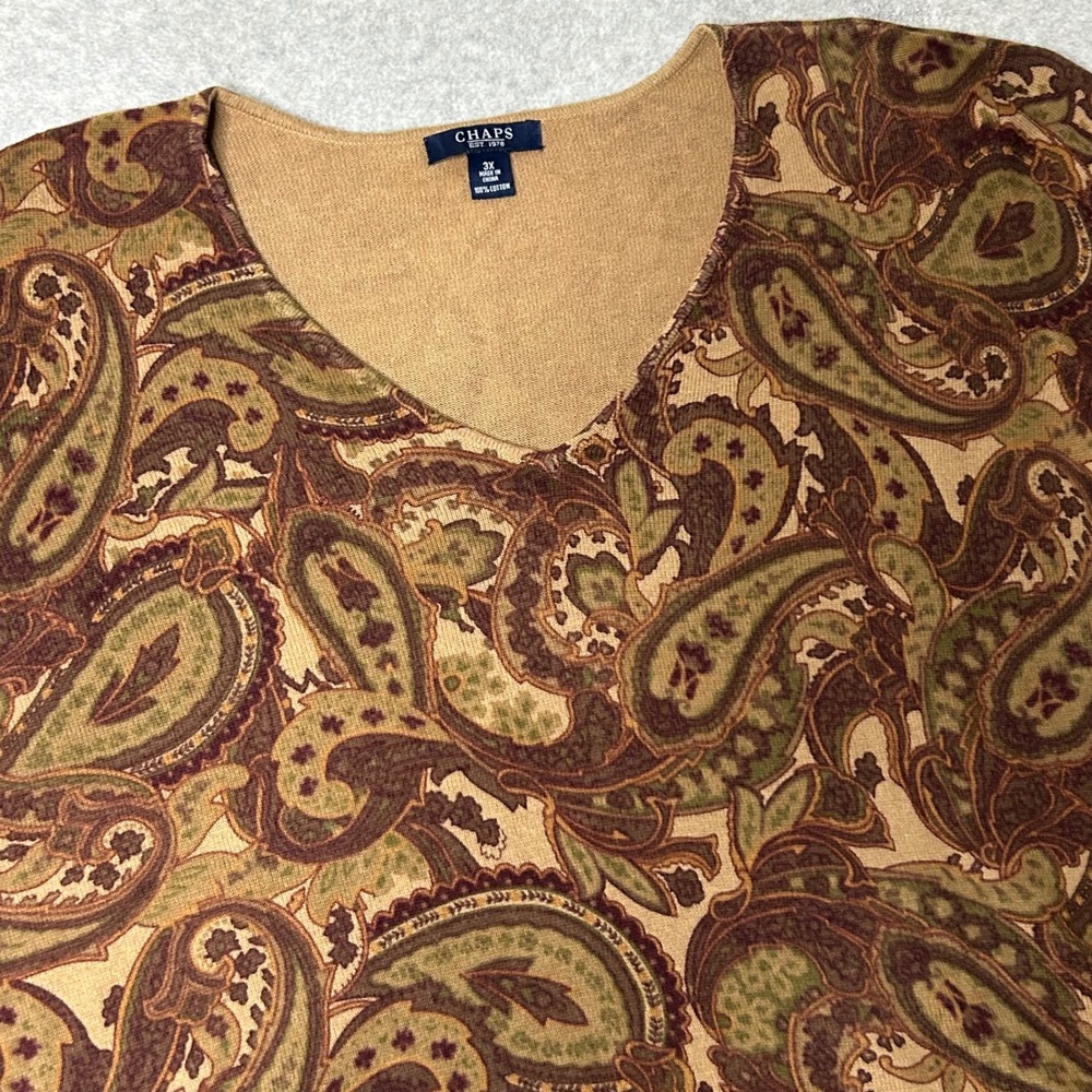 Chaps Women's 3XL Tan Brown Green Paisley Print 3/4 Sleeve V Neck Cotton Sweater